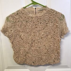 Zara, Crop, Short Sleeved, Light Pink, Lace Top S